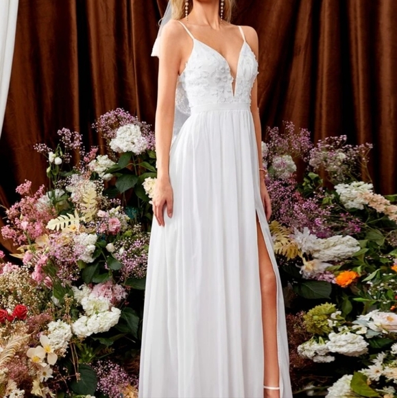 Applique Leaf Embroidery Mesh Insert Split Thigh Chiffon Wedding Dress white - Picture 5 of 7